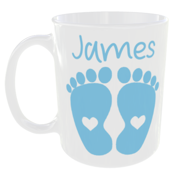 "Any Baby Name on a Mug" (Can personalise with any Baby Name for free and Choose Colour) James Blue Feet