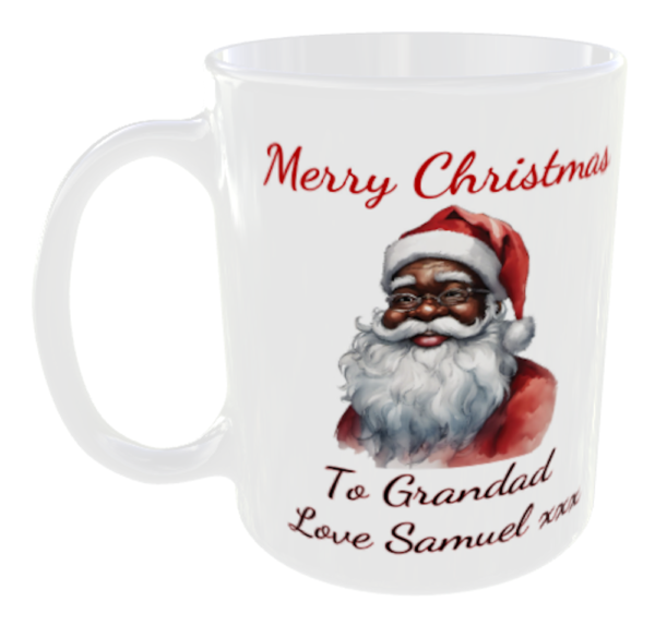 Black Santa Mug, Merry Christ,as and any personal message you like added free (To Grandad)