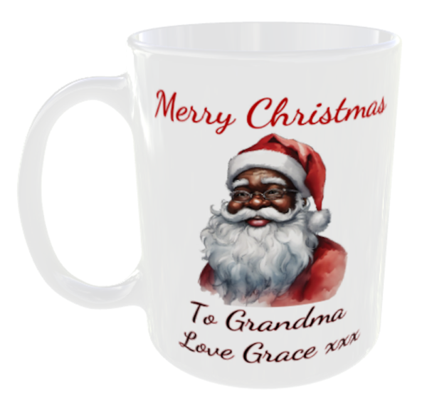 Black Santa Mug, Merry Christ,as and any personal message you like added free (To Grandma)