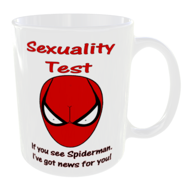 Sexuality Test - Spiderman Boobs Mug. Funny Gift Cup For Him or Her. Back View