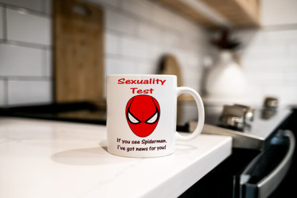 Sexuality Test - Spiderman Boobs Mug. Funny Gift Cup For Him or Her. Kitchen Spider Man