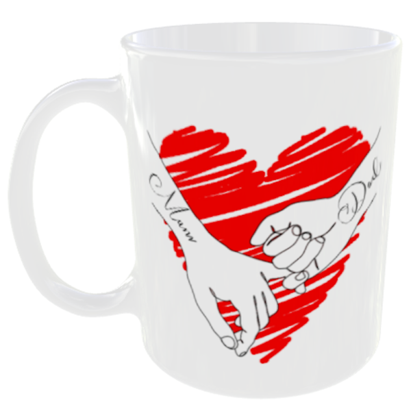 "Love heart holding hands" Mug Any 2 Names Added Free (Personalised Love Mug) Mum Dad