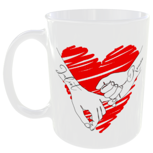 "Love heart holding hands" Mug Any 2 Names Added Free (Personalised Love Mug) Romeo Juliet