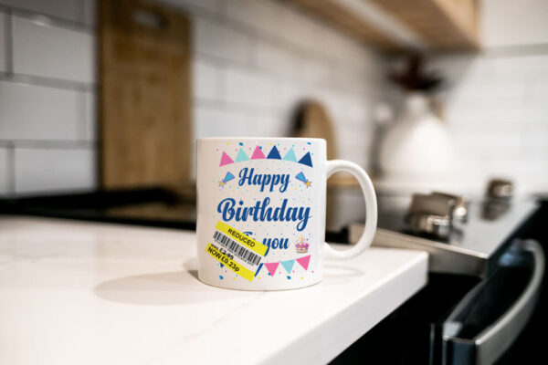 "Happy Birthday" (Funny Fake Reduced Joke Mug) Kitchen Top View Joke Cup