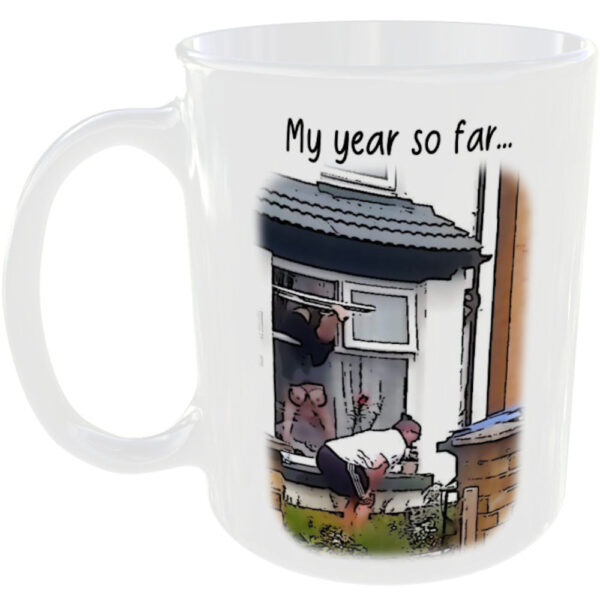 Woman Stuck in Window funny boobs mug