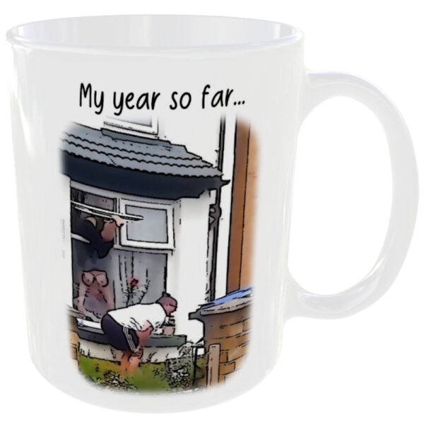 Woman Stuck in Window funny boobs mug back side image