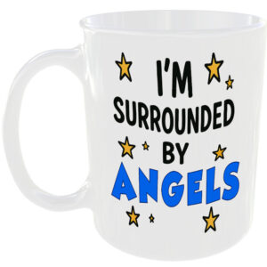 SURROUNDED BY ANGELS MUG FUNNY GIFT OFFICE WORK HOME FAMILY GRAN GRANDAD MUM CUP