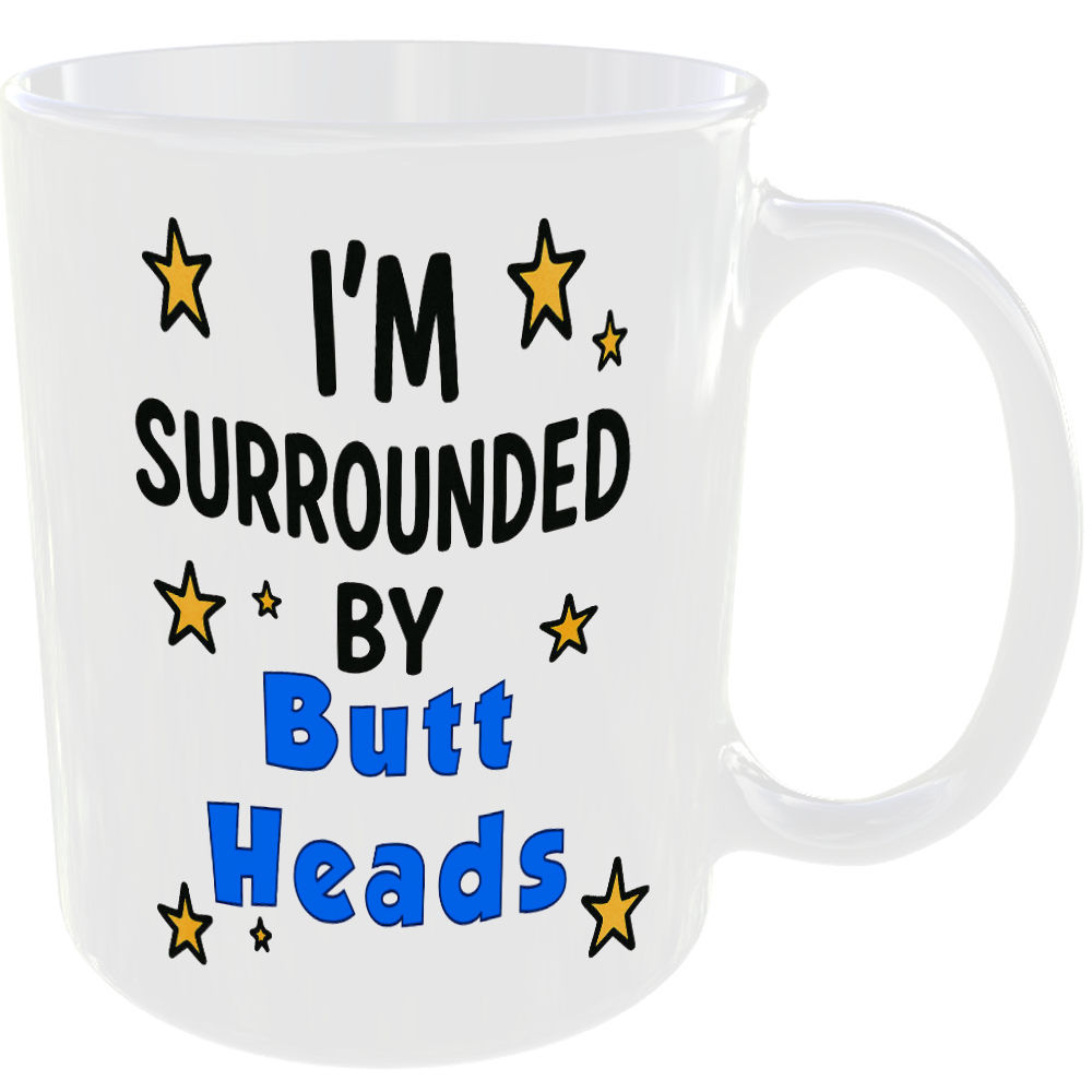 SURROUNDED BY BUTT HEADS MUG FUNNY BTTF BIFF TANNEN INSULT GIFT COFFEE TEA CUP - Image 2