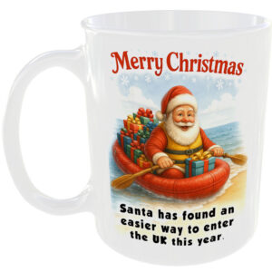 Funny Santa In a Dinghy Boat Mug 😂 Stop the boats Reform Dark Humour Christmas Gift