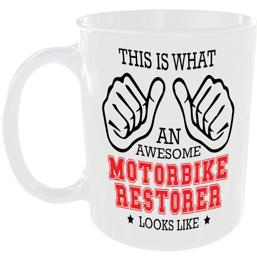 THIS IS WHAT AN AWESOME MOTORBIKE RESTORER LOOKS LIKE MUG IDEAL GIFT CUP FOR WORK JOB CAREER